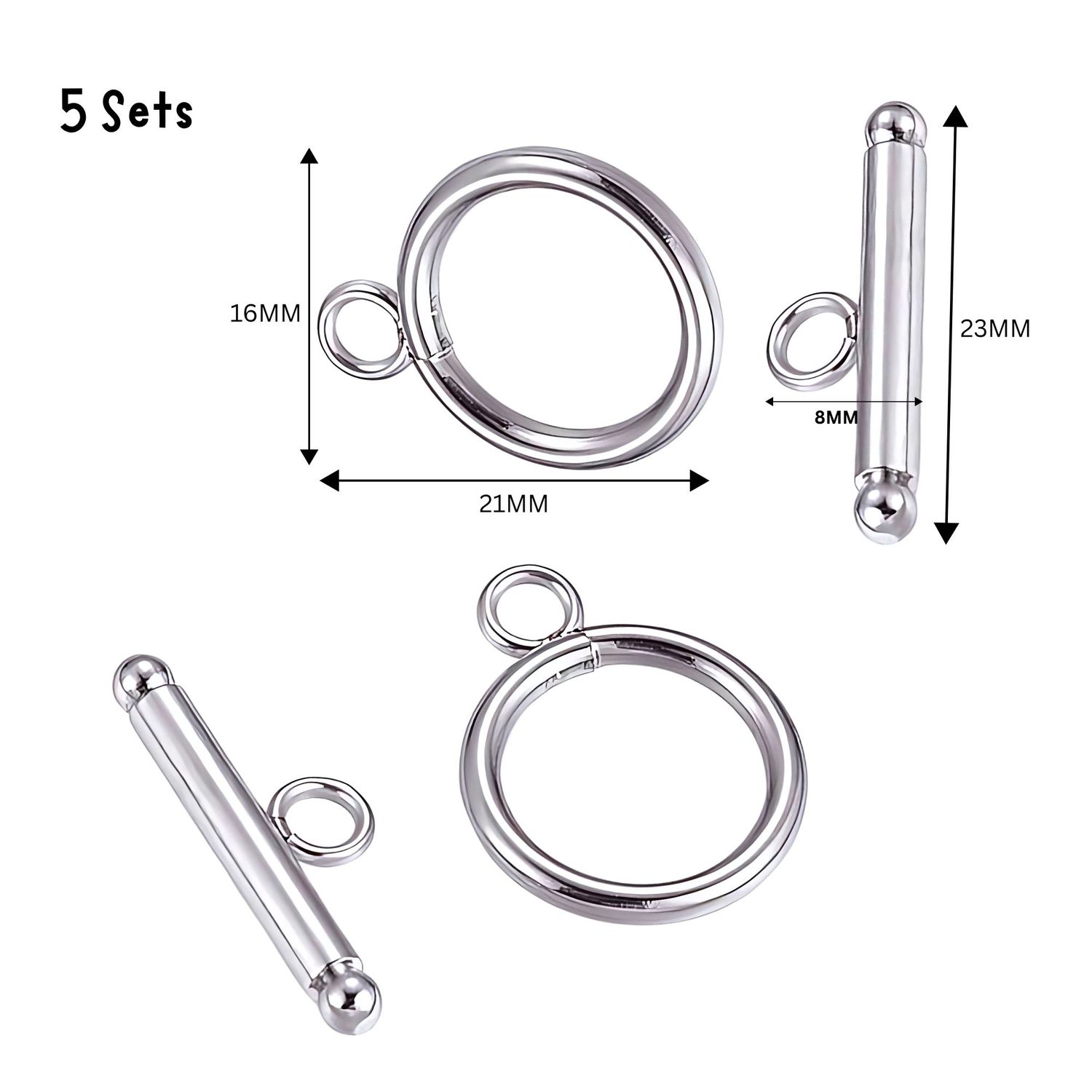 Stainless Steel Toggles, Clasps, 5 Sets, 21x16x3mm Rings, 23x8x3mm Bars, Hole 3mm, 0.46oz