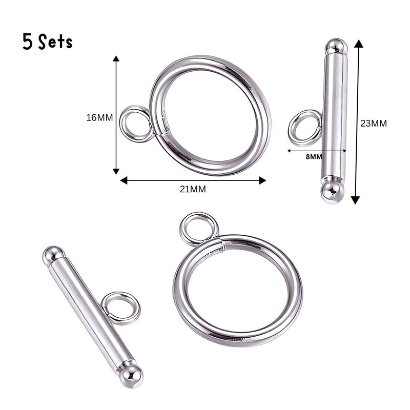 Stainless Steel Toggles, Clasps, 5 Sets, 21x16x3mm Rings, 23x8x3mm Bars, Hole 3mm, 0.46oz