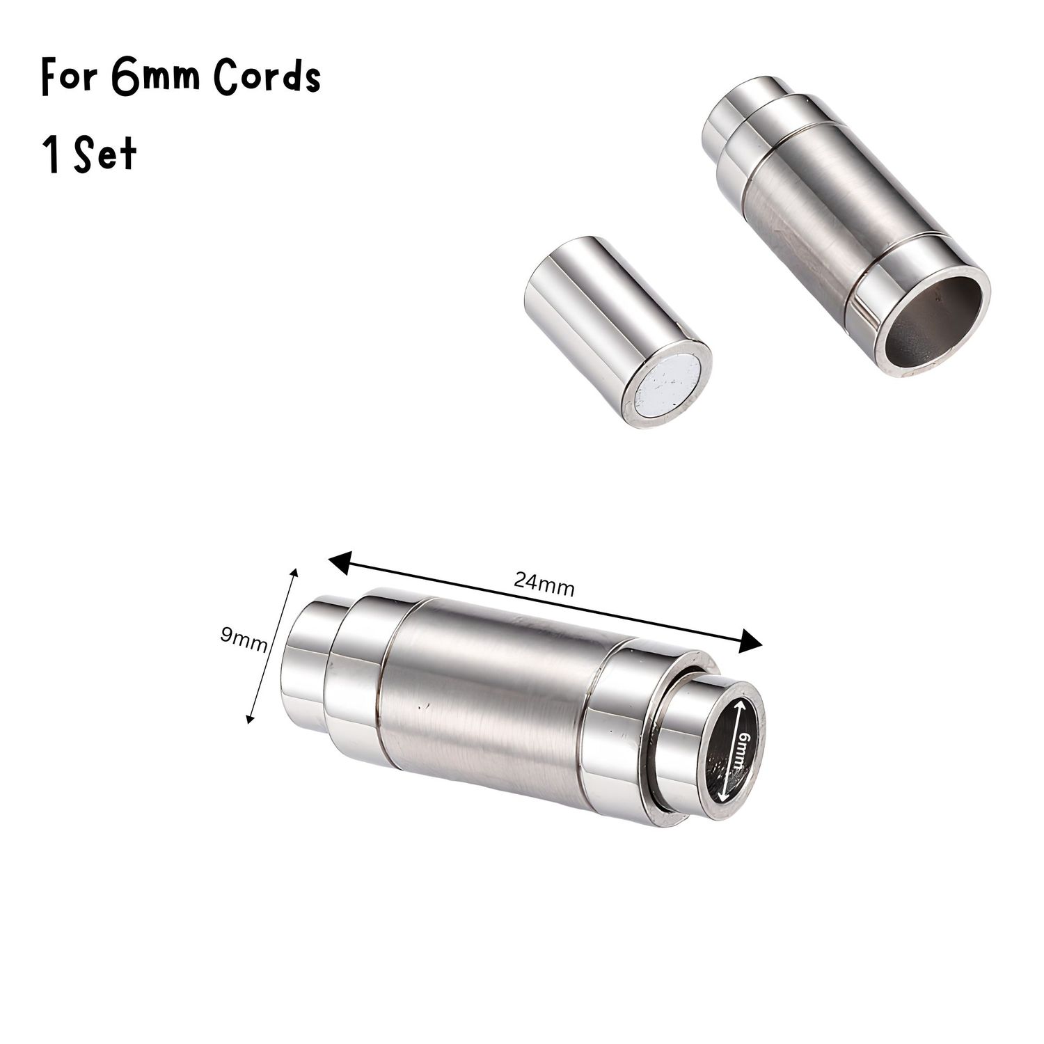 Stainless Steel Magnetic Cylinder Clasp, 1 Set, 24x9mm, For 6mm Cords, 0.28oz