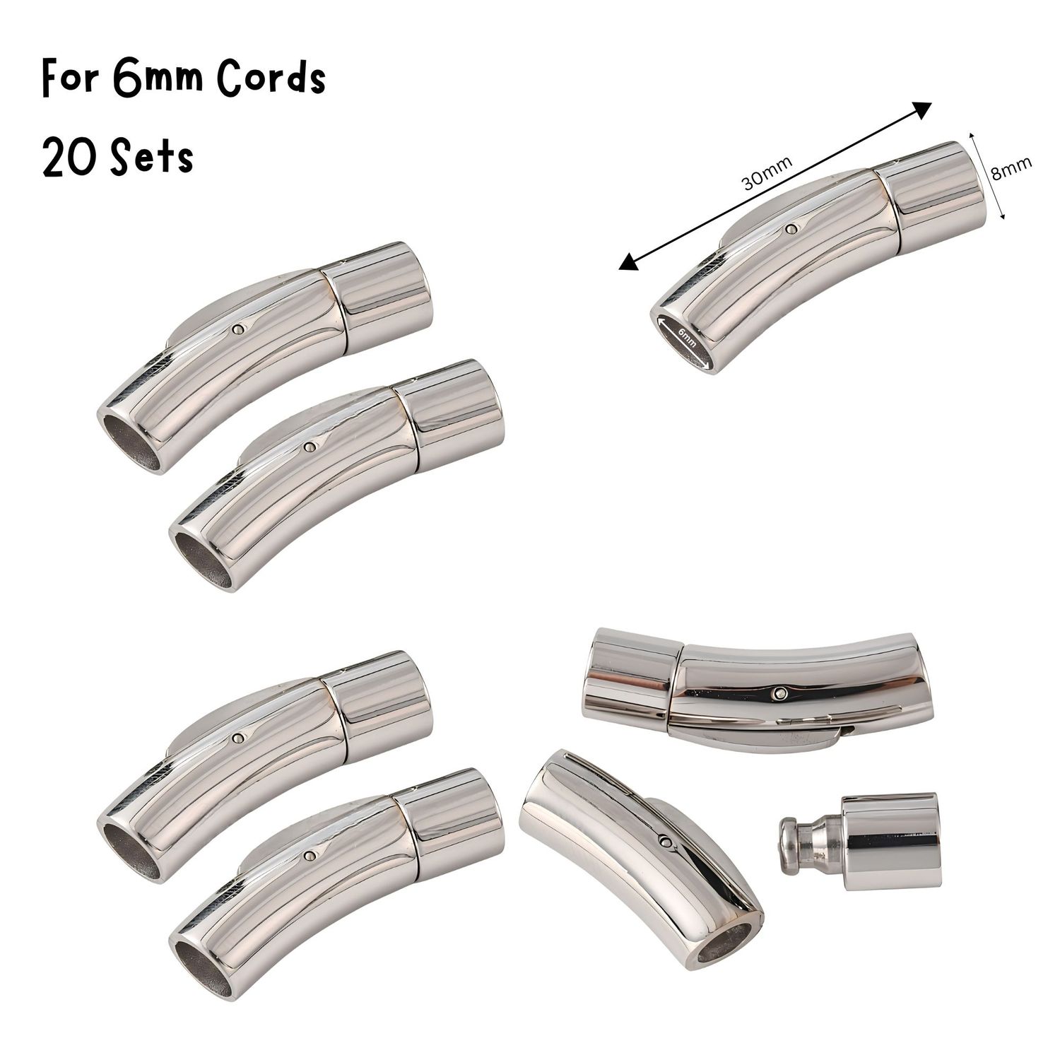 Stainless Steel Bayonet Clasps, 20 Set, 30x8x8.5mm, For 6mm Cords, 5.22oz