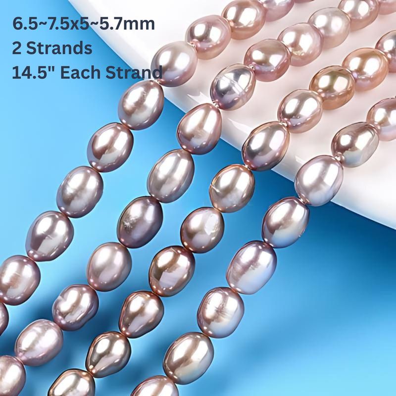 6.5~7.5x5~5.7mm, Cultured Freshwater Pearls, Rice, Grade A/B, 2 Strands, Approx 55pcs per 14.5'' Strand, Hole 7mm, 1.13oz