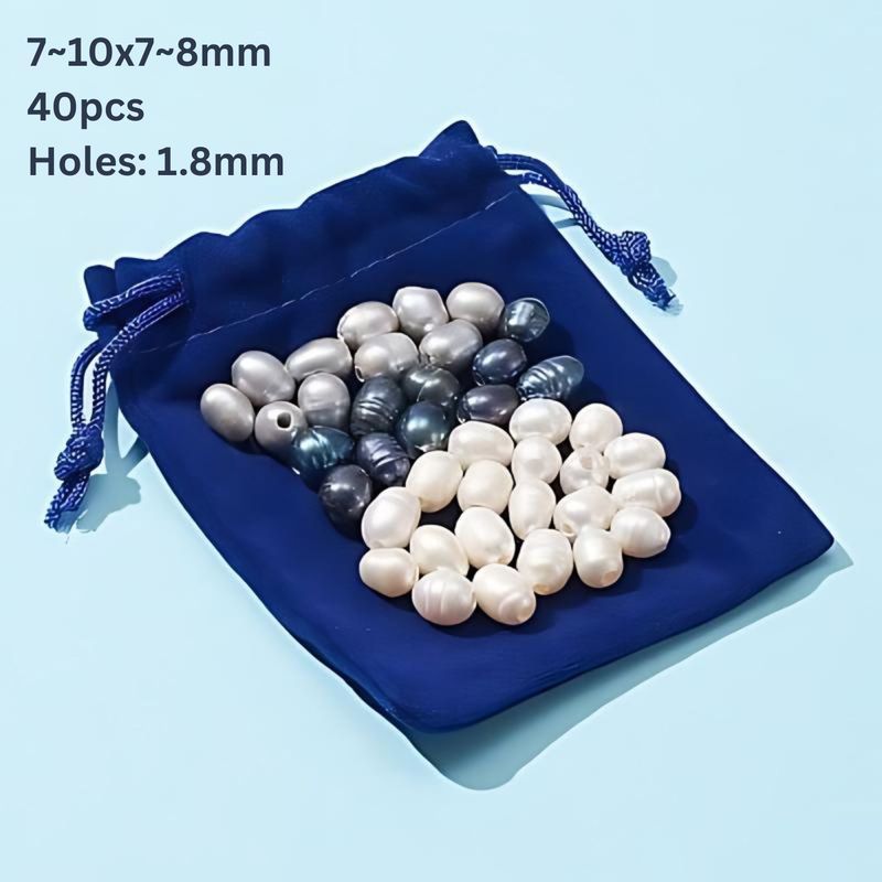 7~10x7~8mm, Cultured Freshwater Pearls, Potato, Blue 10pcs, Grey 10pcs, &amp; White 30pcs, w/Velvet Pouch, Hole: 1.8mm, 0.99oz