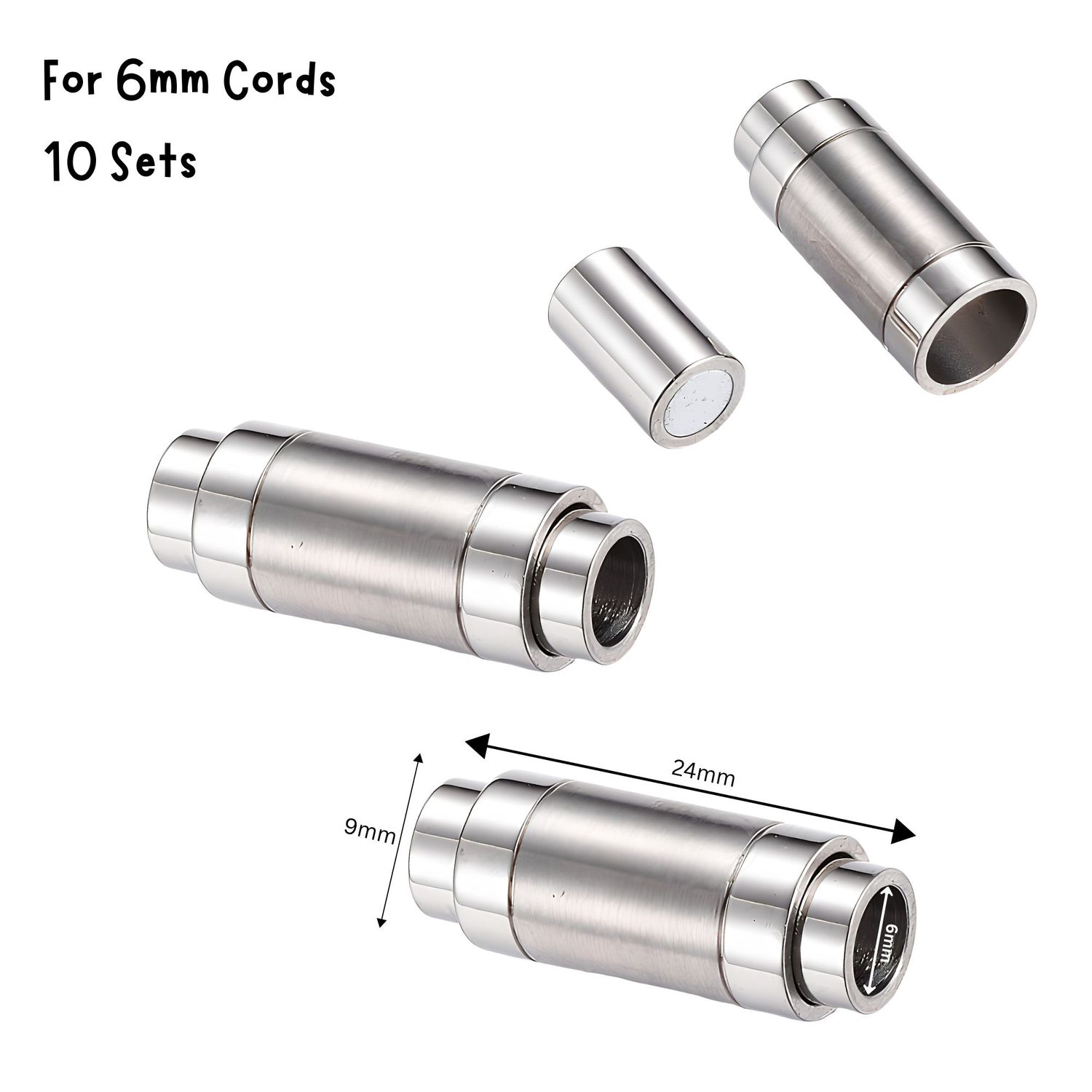 Stainless Steel Magnetic Cylinder Clasp, 10 Sets, 24x9mm, For 6mm Cords, 2.61oz