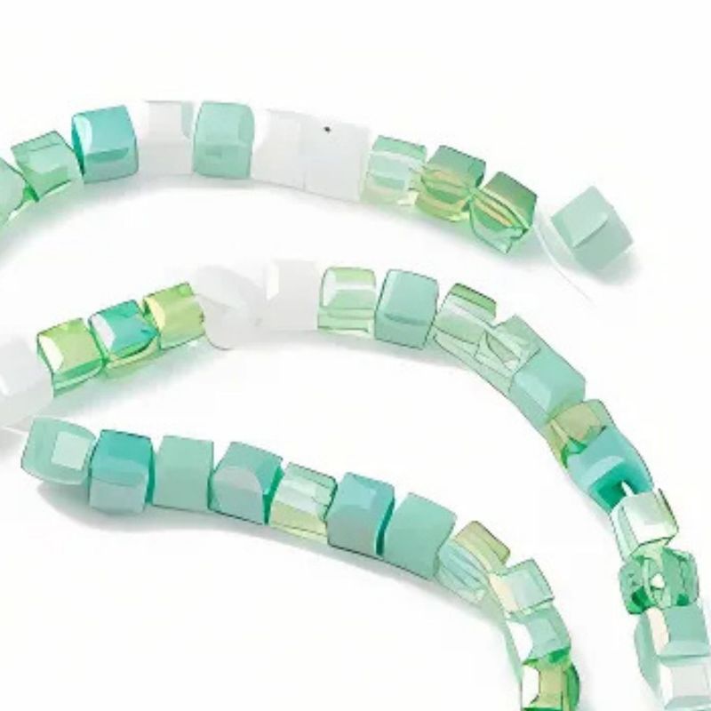 4x4x4mm Faceted Cubes, 15" Strand, Approx 100pcs Per Strand, Shades of Green , Hole 1mm, Glass Beads, 14gms/0.49oz