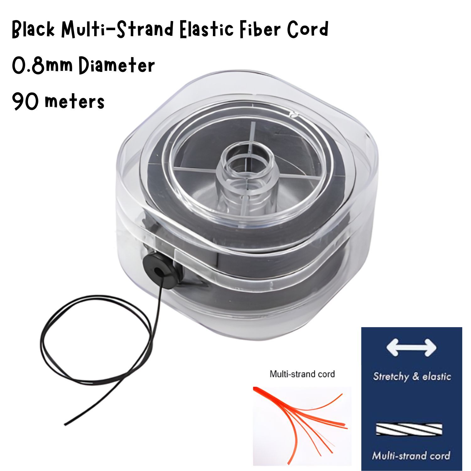 Black Multi-Strand Elastic Fiber Cord, 0.8mm,  90 Meters/295Ft, Jewelry Cord, 79gms/2.79oz