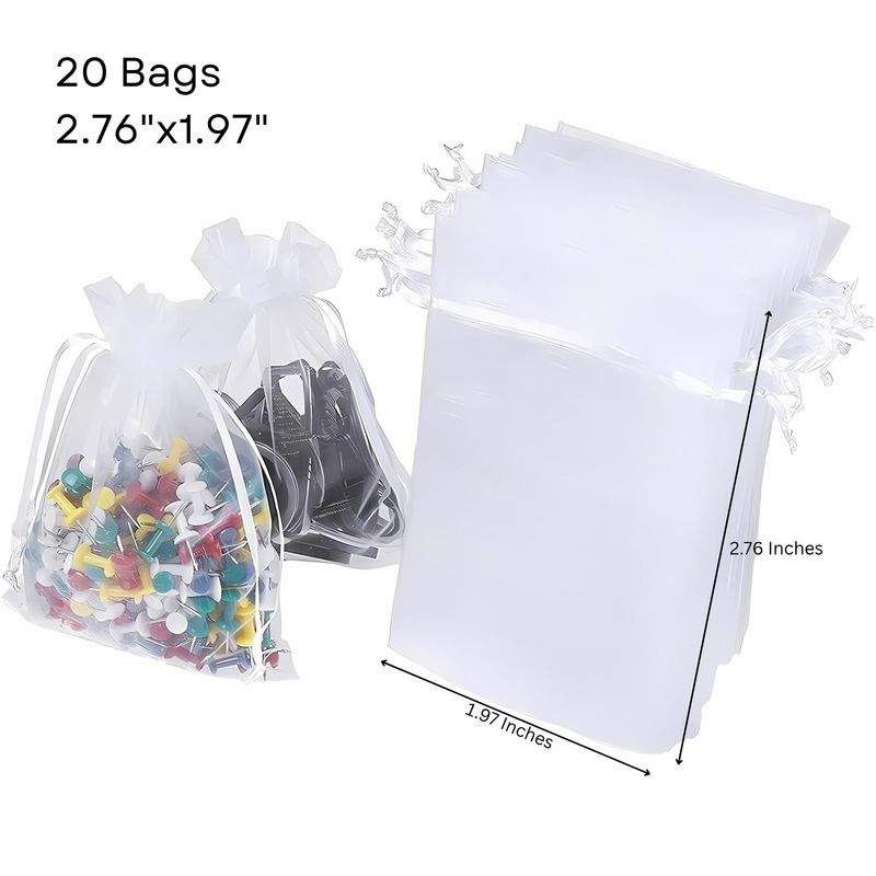 2.46"x1.97" Organza Drawstring Pouches/Bags, 20pcs, White, 1.23oz