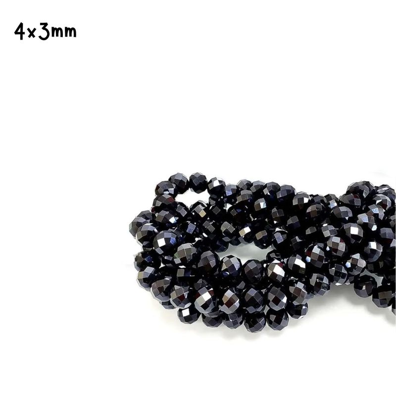 4x3mm Faceted Rondelles, Approx 110pcs, 15" Strand, Opaque Black, Hole 0.5mm, Glass Beads, 0.71oz