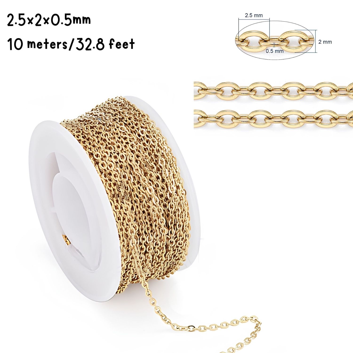 GP Stainless Steel Cable Chain, 2.5x2x0.5mm, 10 Meters/32.8 Feet, 2.01oz