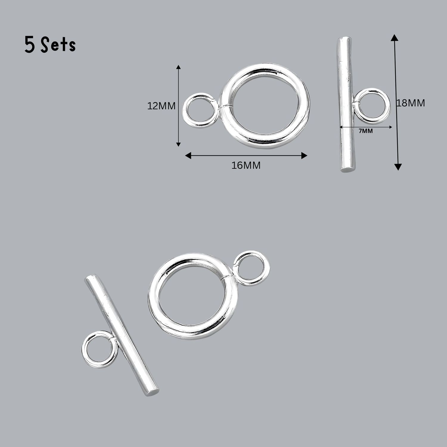 SP Stainless Steel Toggles, Clasps, 5 Sets, Rings 16x12x2mm, Bars 18x7x2mm, Hole 2mm, 0.32oz