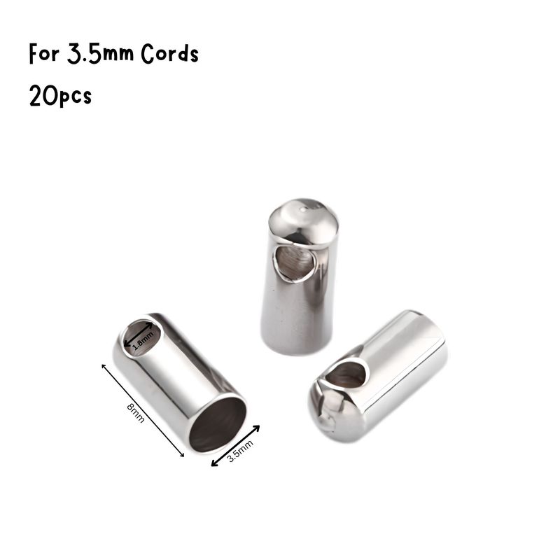Stainless Steel Glue In End Caps, Cord Ends, 20pcs, 8x3.8mm, Inner Diameter 3.5mm, Hole 1.8mm, 0.32oz