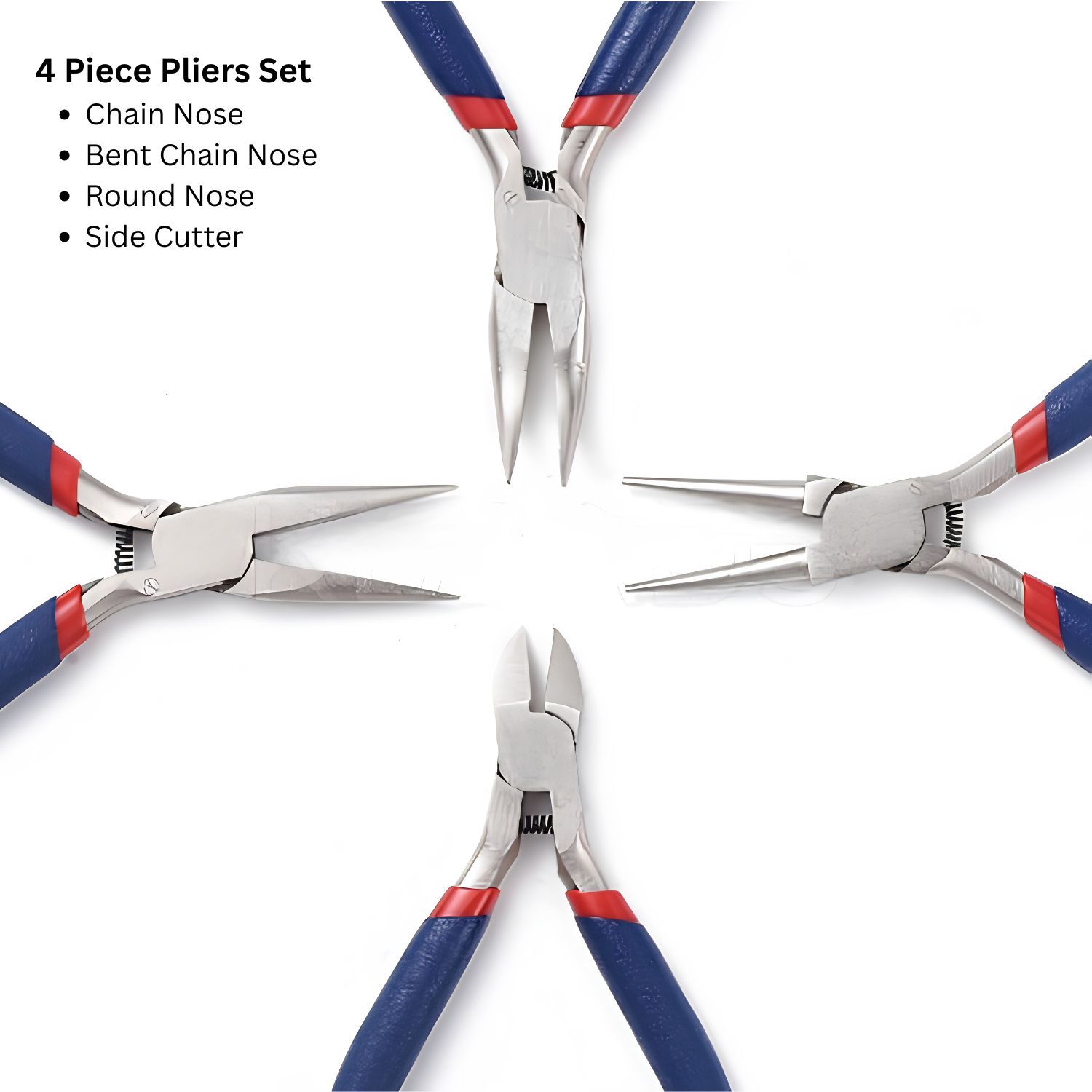 4 Piece Pliers Set, Ferronickel Carbon Steel, Blue w/Red Highlights, 295gms/10.41oz
