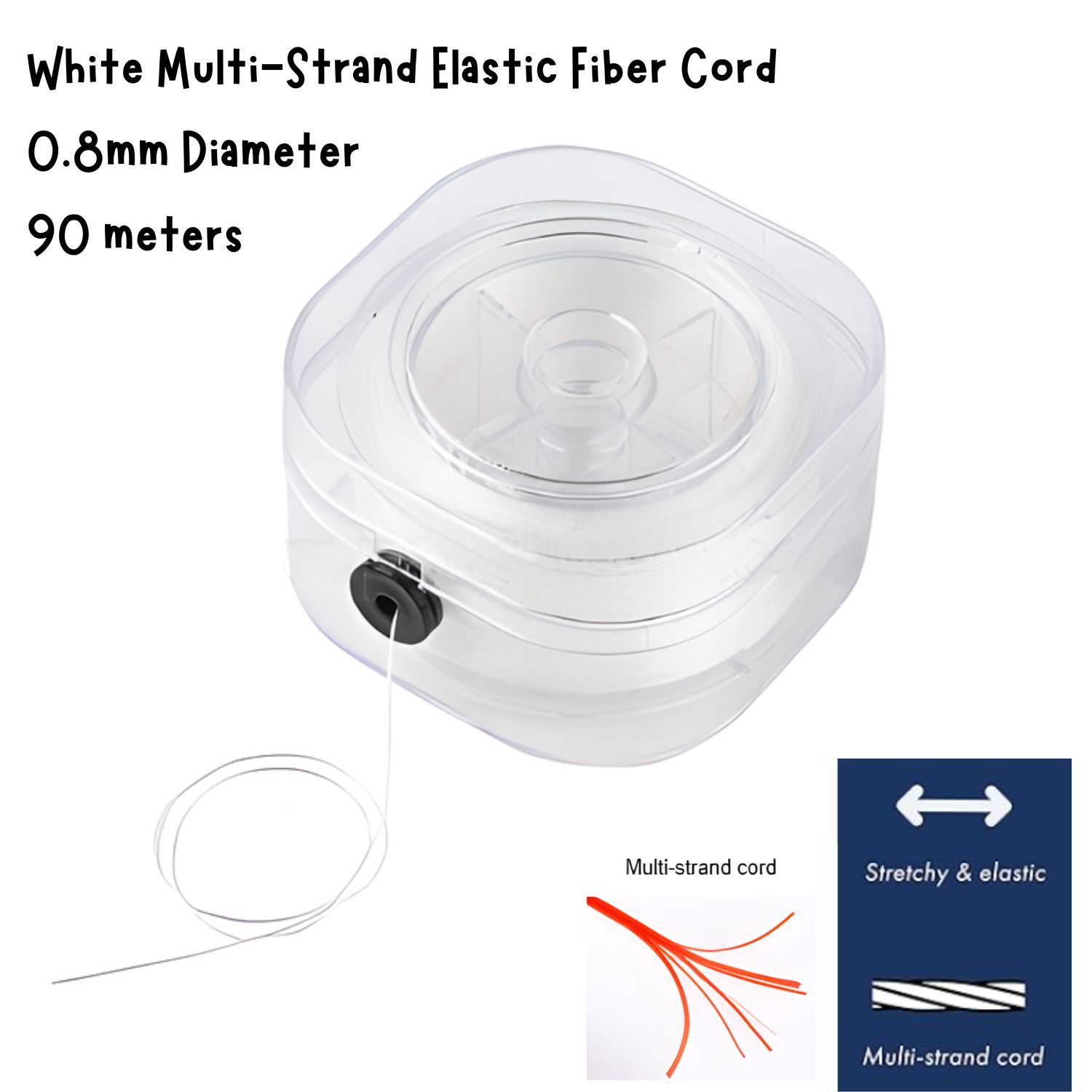 White Multi-Strand Elastic Fiber Cord, 0.8mm,  90 Meters/295Ft, Jewelry Cord, 79gms/2.79oz