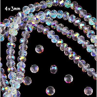 4x3mm Faceted Rondelles, Approx 110pcs, 15" Strand, Crystal Ab Plated, Hole 0.8mm, Glass Beads, 0.42oz