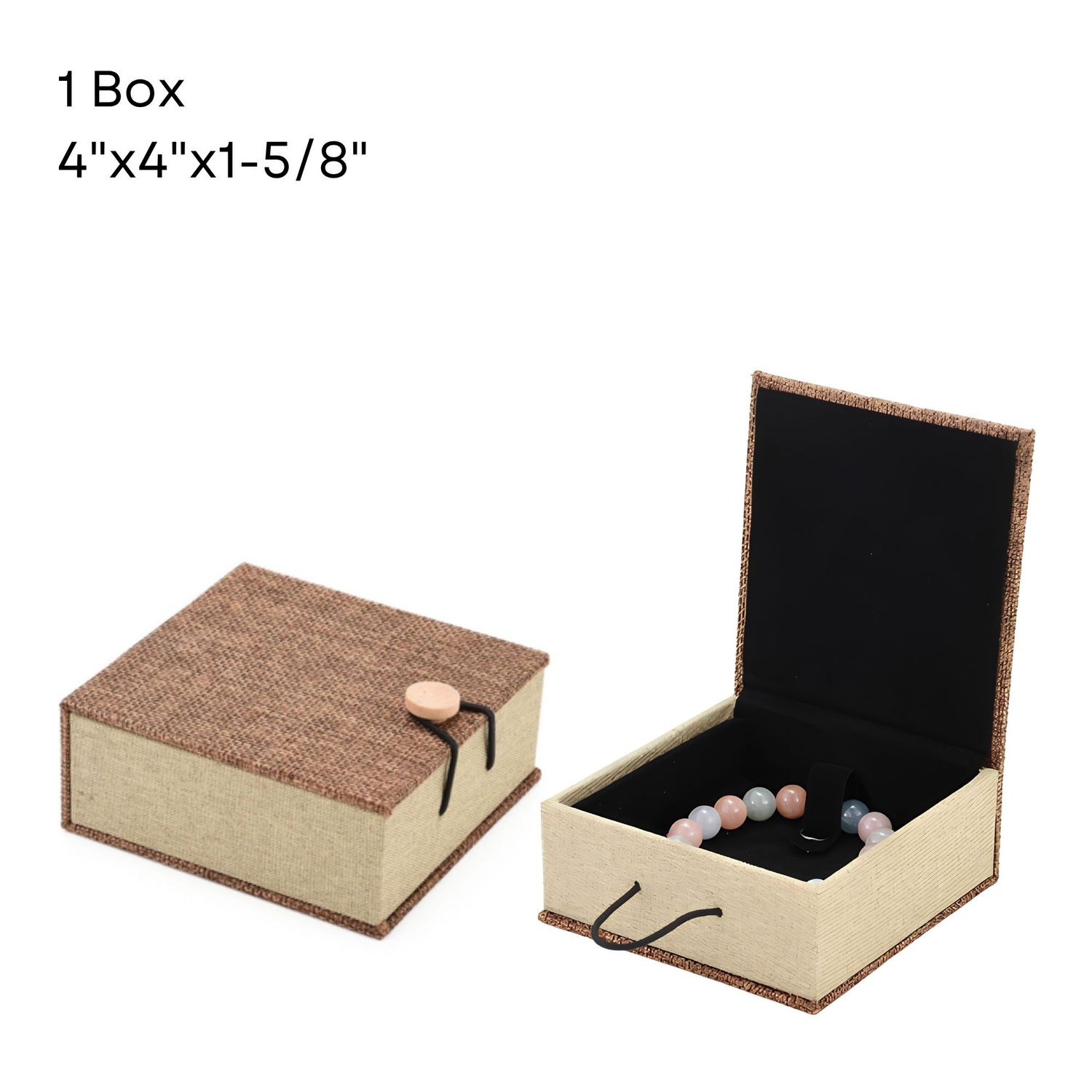 4''x4''x1-5/8'' Square Burlap Wood Box, 1 Box, Black Velvet Inside, 4.45oz