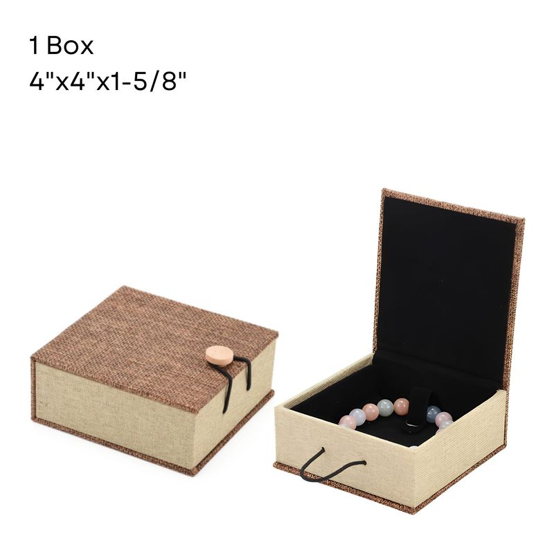 4''x4''x1-5/8'' Square Burlap Wood Box, 1 Box, Black Velvet Inside, 4.45oz