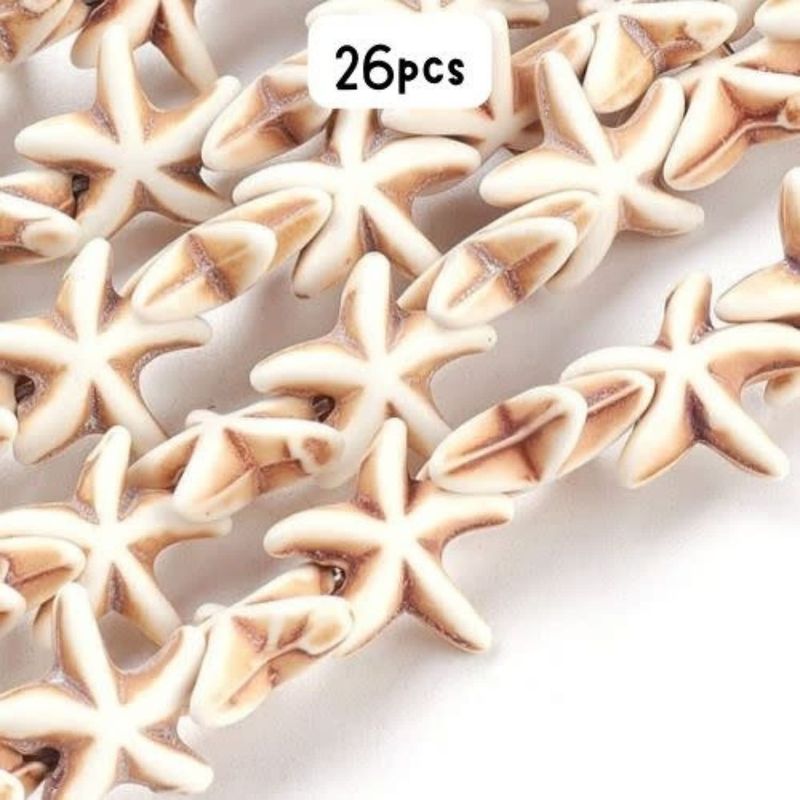 Starfish Beads, Antique White, Approx 26pcs, 15x15x5.5mm, Ocean Sea Synthetic/Acrylic, Hole 1.5mm, 0.64oz