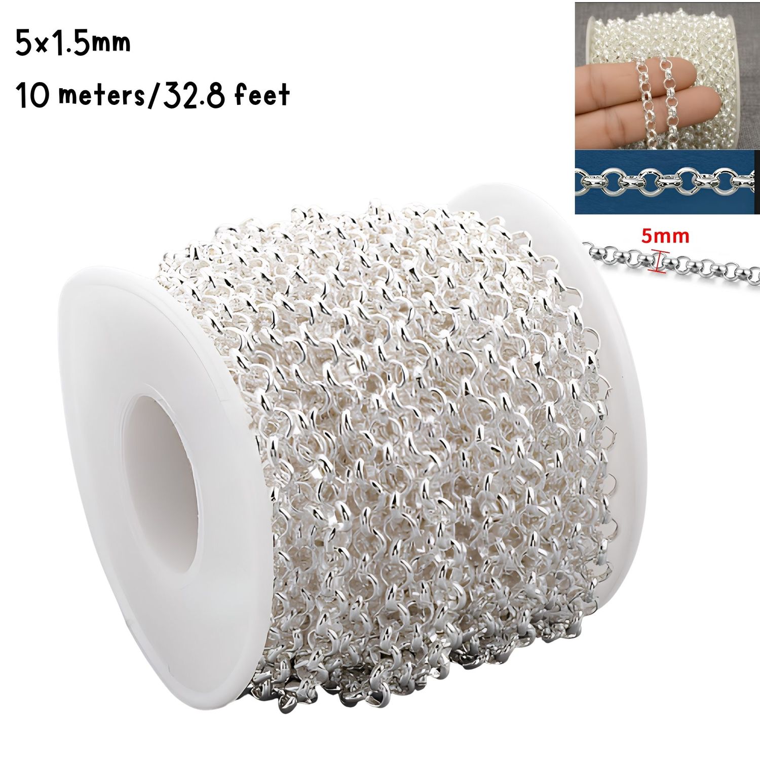 SP Stainless Steel Rolo Chain, 5x1.5mm, 10 Meters/32 Feet, 9.70oz
