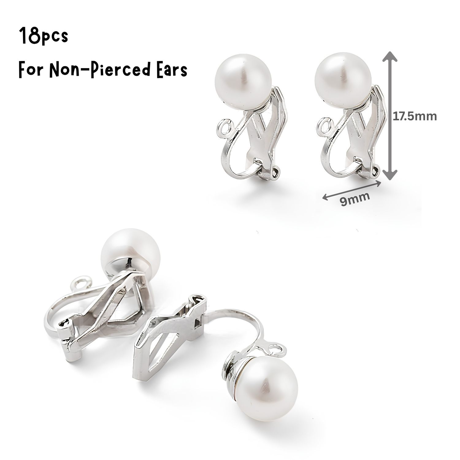 Stainless Steel Clip-On Earrings w/Acrylic White Pearl, 18pcs, 17.5x9x7mm, Hole 1.5mm, 0.46oz