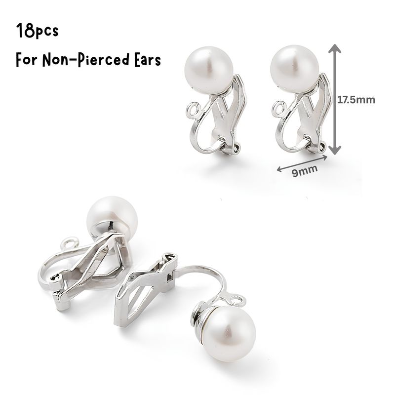 Stainless Steel Clip-On Earrings w/Acrylic White Pearl, 18pcs, 17.5x9x7mm, Hole 1.5mm, 0.46oz