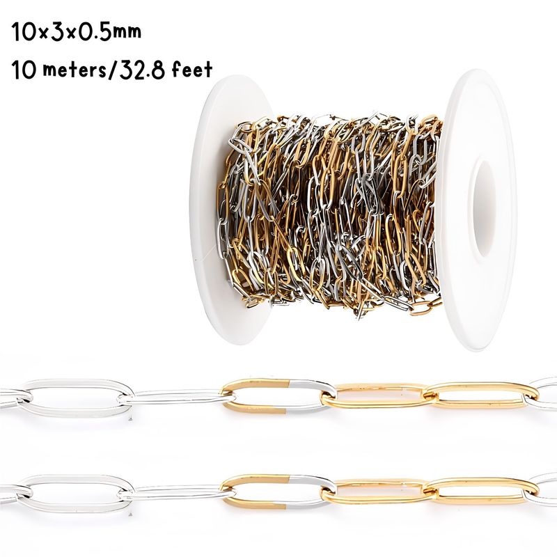 Gold Half Plated Stainless Steel Paperclip Chain, 10 Meters/32.8 Feet, 10x3x0.5mm, 103gms/3.63oz