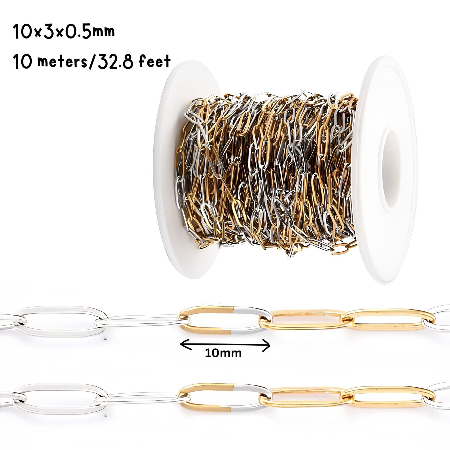 Gold Half Plated Stainless Steel Paperclip Chain, 10x3x0.5mm, 10 Meters/32.8 Feet, 3.63oz