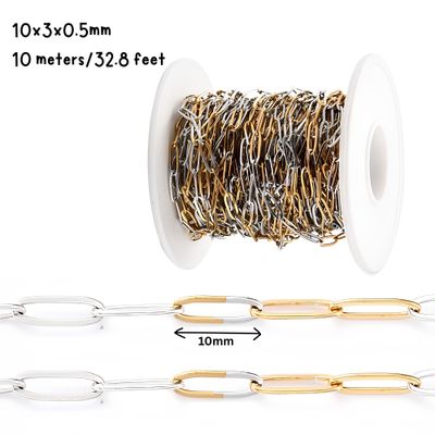 Gold Half Plated Stainless Steel Paperclip Chain, 10x3x0.5mm, 10 Meters/32.8 Feet, 3.63oz