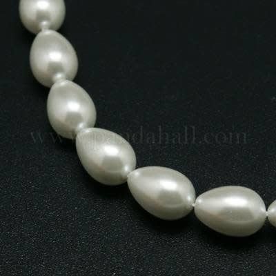 Glass Pearls, Teardrops, White, Approx 32pcs, 16" Strand, 13x9mm, Hole 1mm, 1.41oz
