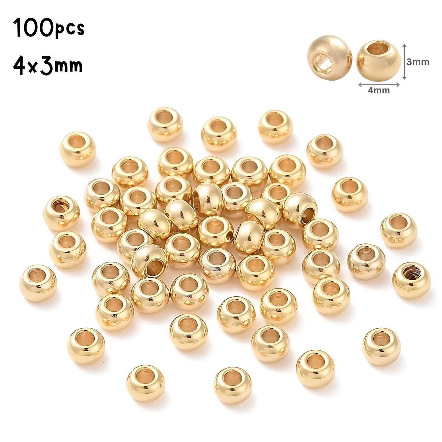 GP Stainless Steel Round Beads, 100pcs, 4x3mm, Hole 2mm, Metal Beads, 0.88oz