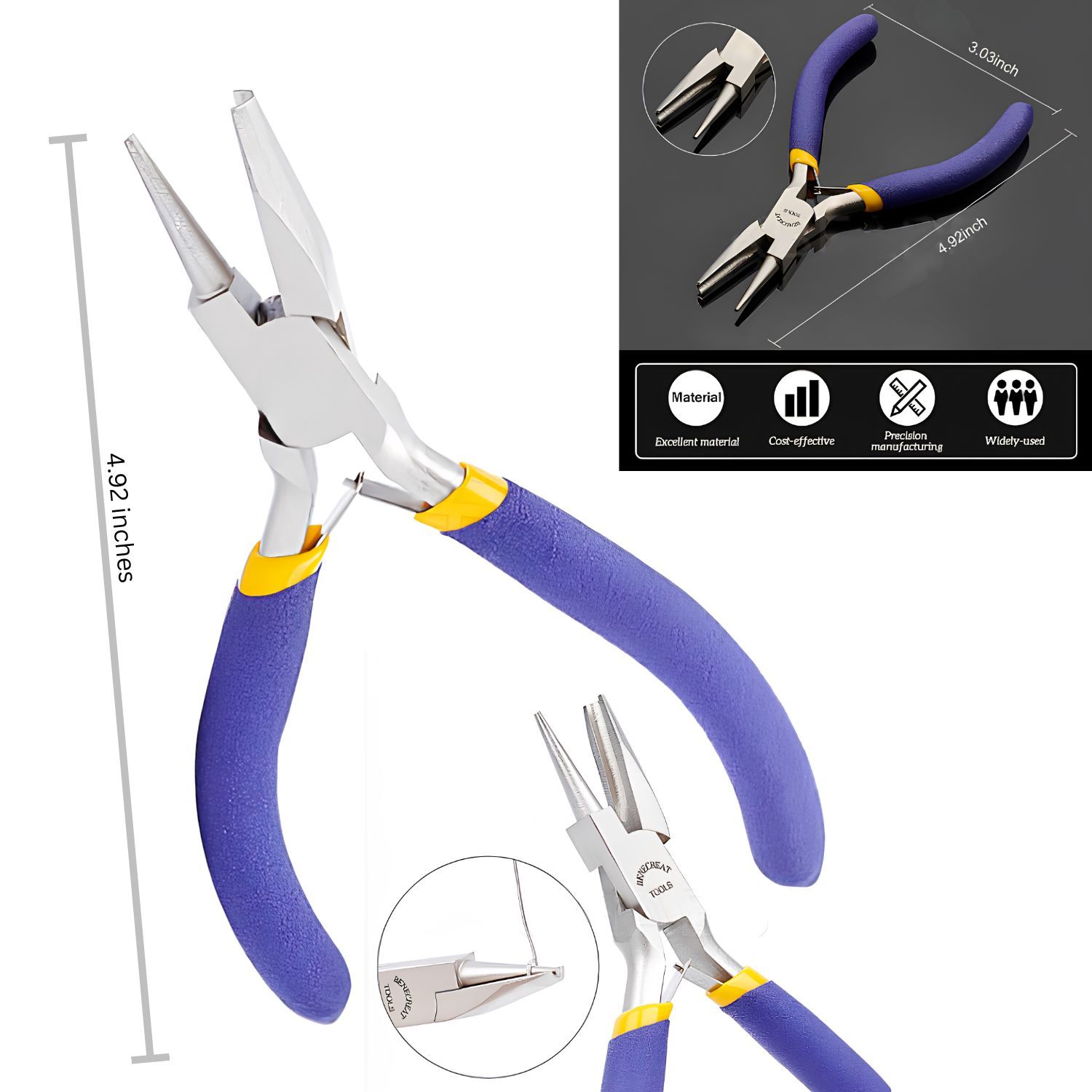 Round Nose Concave Pliers, Ferronickel Carbon Steel, 4.92" Long, Blue w/Yellow Highlights, 94gms/3.32oz