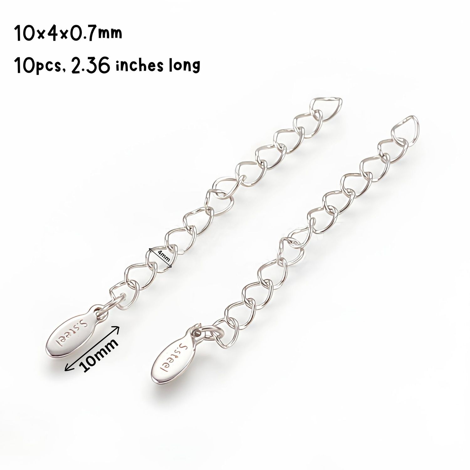 Stainless Steel Extender Curb Chains, 10pcs, 10x4x0.7mm, 2.5" Long, w/10x5mm Charms, 0.21oz
