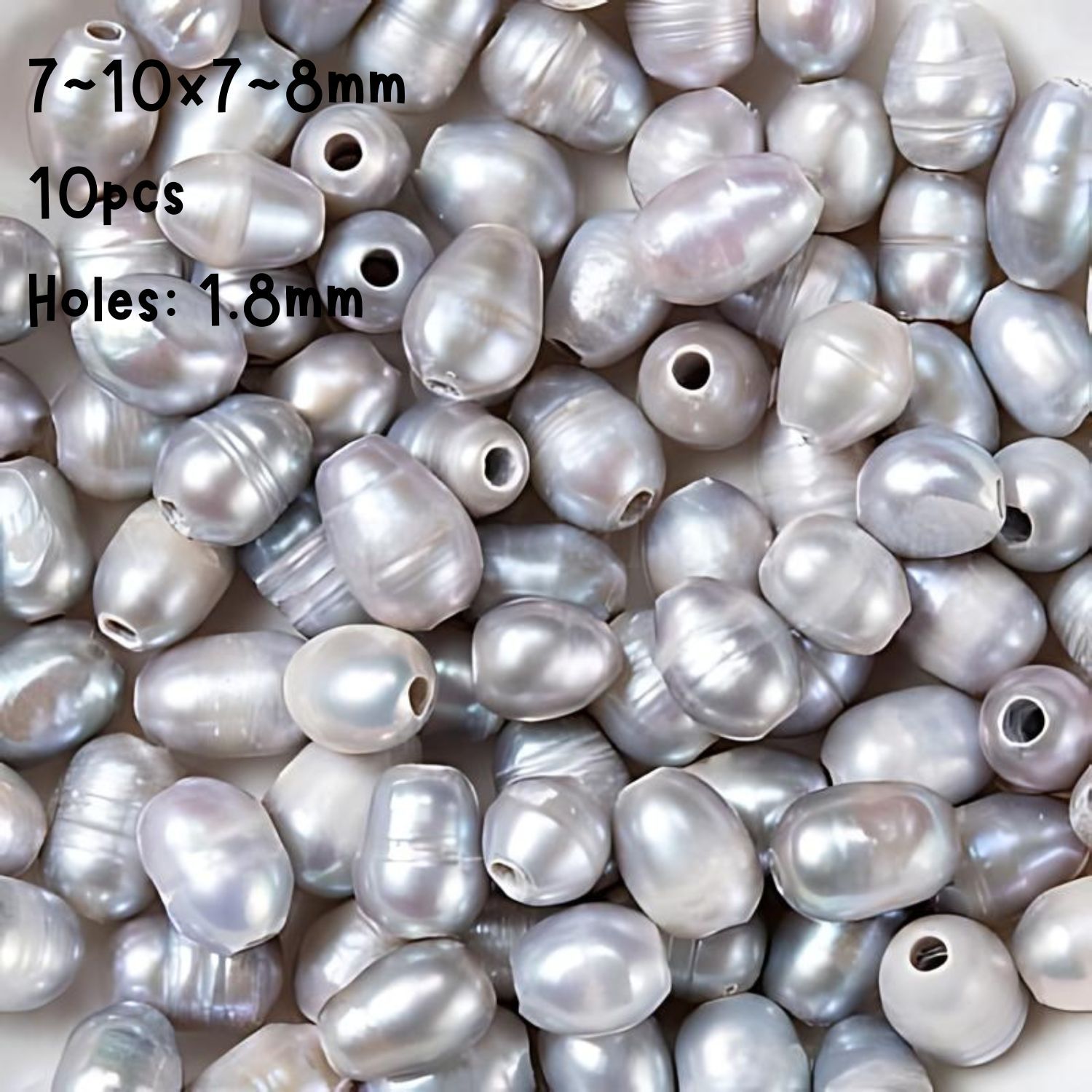 7~10x7~8mm, Cultured Freshwater Pearls, Rice, Grey, 10pcs, Hole 1.8mm, 0.25oz