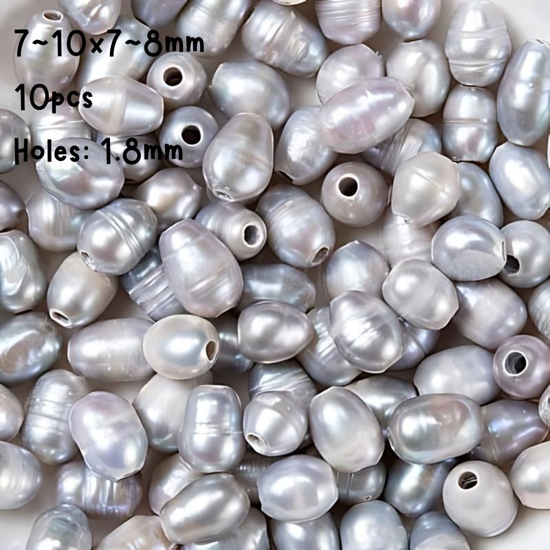 7~10x7~8mm, Cultured Freshwater Pearls, Rice, Grey, 10pcs, Hole 1.8mm, 0.25oz