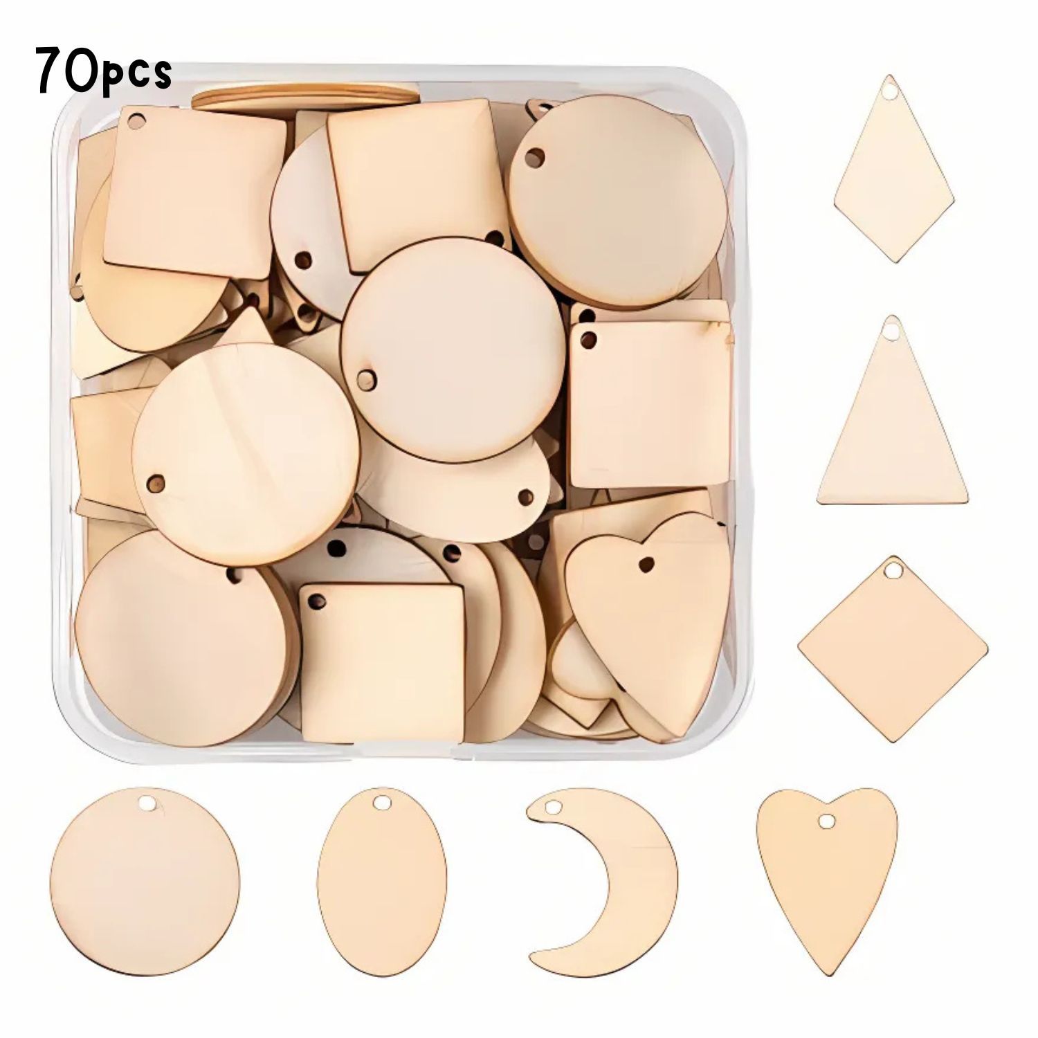 Natural Wood Laser Cut, Unpainted Pendants, Approx 70pcs, 7 Shapes, 10pcs Per Shape, 24~25x15~24x1.5mm, 77gms/2.71oz