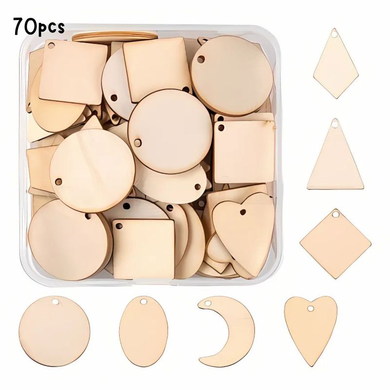 Natural Wood Laser Cut, Unpainted Pendants, Approx 70pcs, 7 Shapes, 10pcs Per Shape, 24~25x15~24x1.5mm, 77gms/2.71oz