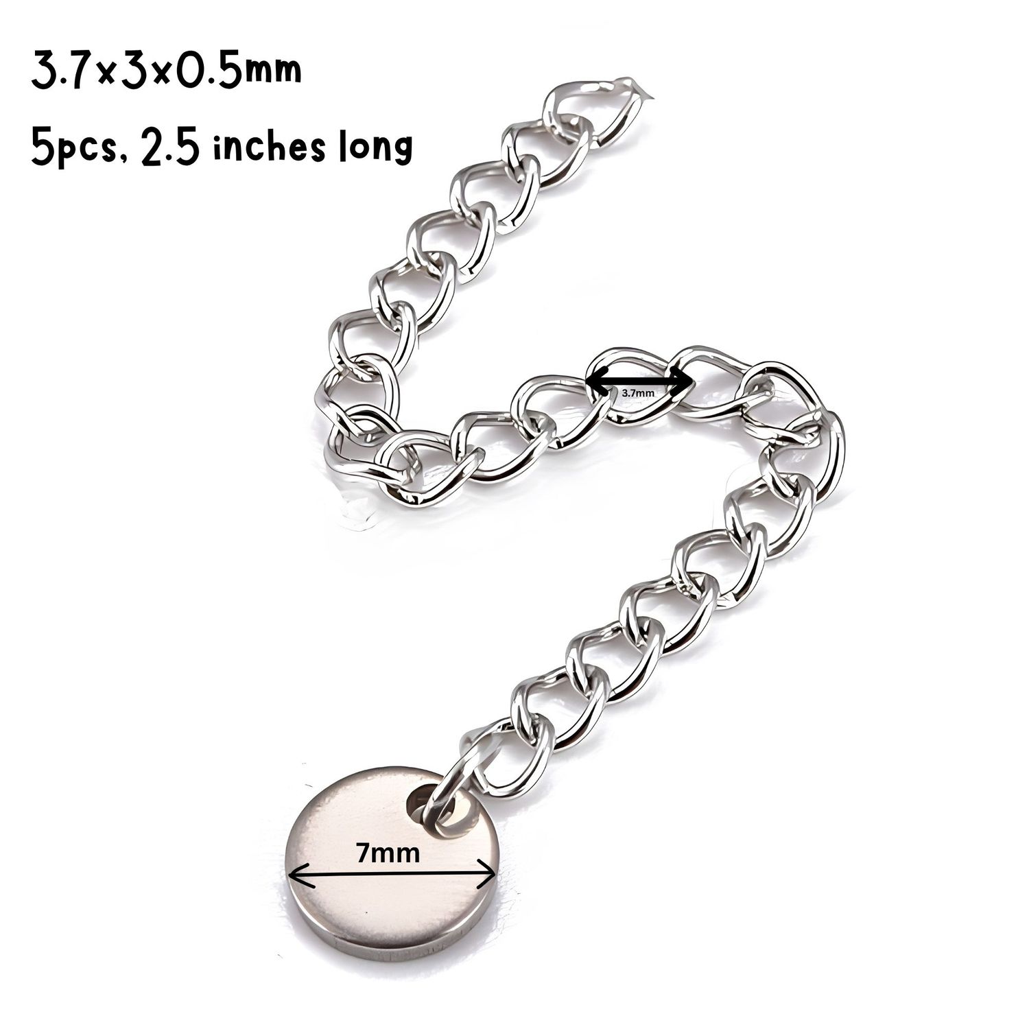 Stainless Steel Extender Curb Chains, 5pcs, 3.7x3x0.5mm, 2.5" Long, w/7x1mm Disc Charms, 0.18oz