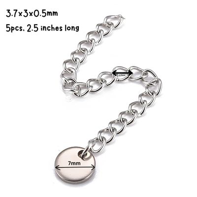 Stainless Steel Extender Curb Chains, 5pcs, 3.7x3x0.5mm, 2.5" Long, w/7x1mm Disc Charms, 0.18oz
