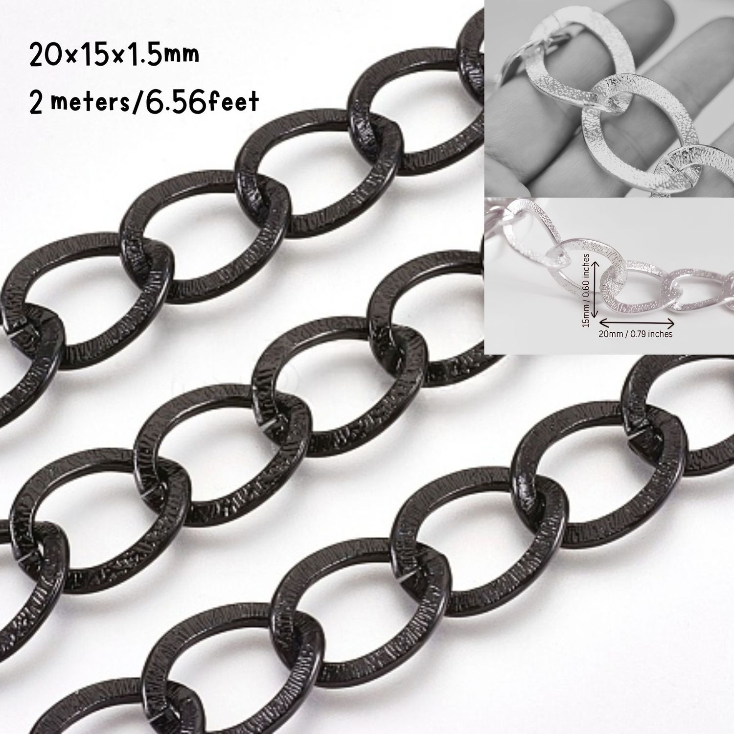 Black Aluminum Curb Chain, 20x15.5x1.5mm, 2 Meters/6.56 Feet, 3.25oz
