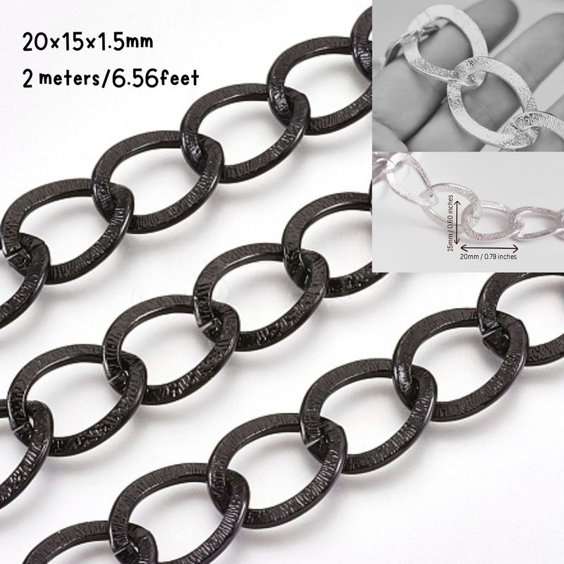 Black Aluminum Curb Chain, 20x15.5x1.5mm, 2 Meters/6.56 Feet, 3.25oz
