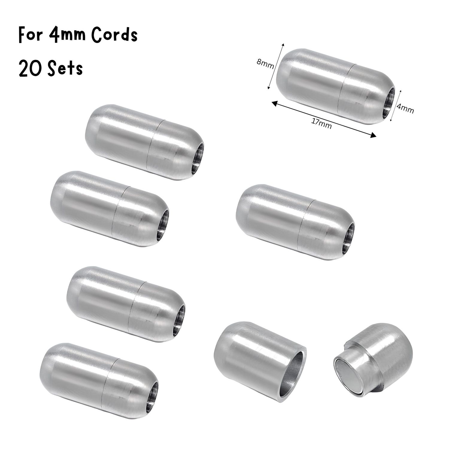 Stainless Steel Magnetic Bullet Clasps, Matte, 20 Sets, 17x8x8mm, For 4mm Cords, 3.28oz