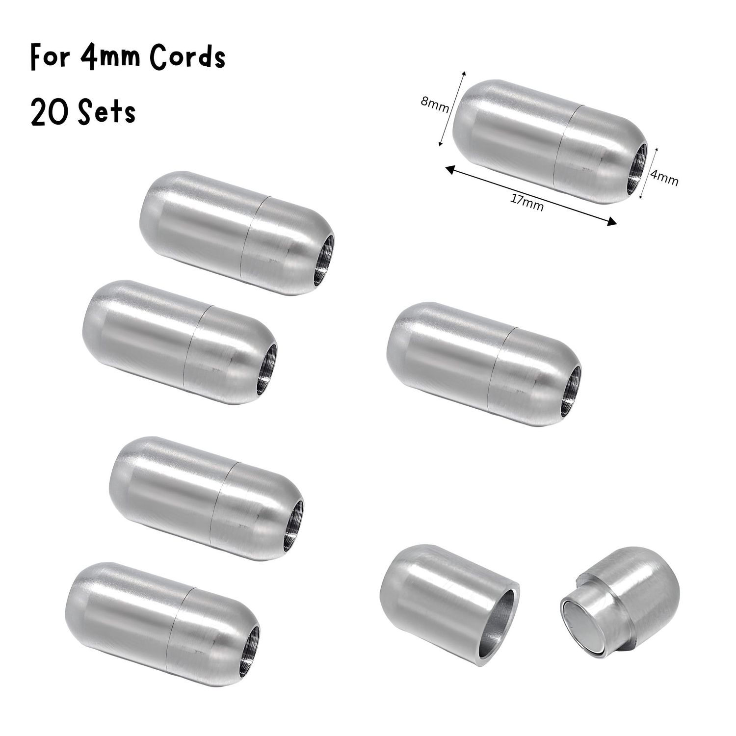 Matte Stainless Steel Magnetic Bullet Clasps, 20 Sets, 17x8x8mm, For 4mm Cords, 3.28oz