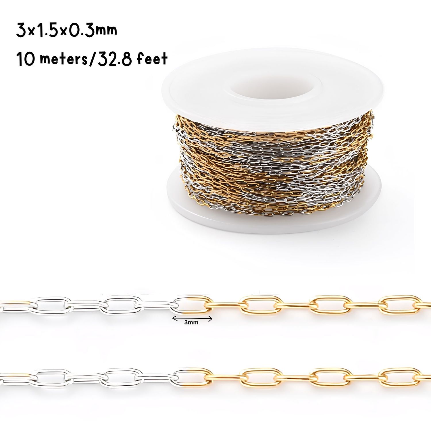 Gold Half Plated Stainless Steel Paperclip Chain, 3x1.5x0.3mm, 10 Meters/32.8 Feet, 3x1.5x0.3mm, 1.45oz