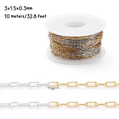 Gold Half Plated Stainless Steel Paperclip Chain, 3x1.5x0.3mm, 10 Meters/32.8 Feet, 3x1.5x0.3mm, 1.45oz