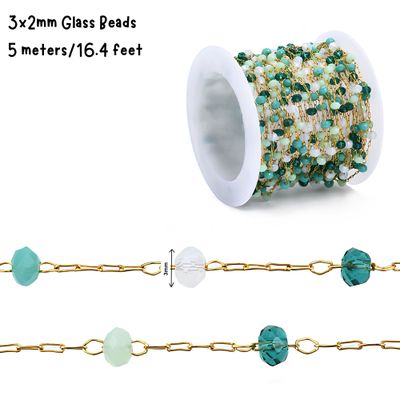 GP Stainless Steel Paperclip Chain, Glass Beads, Green Tones, 3x2mm, 5 Meters/16.4ft, 0.99oz