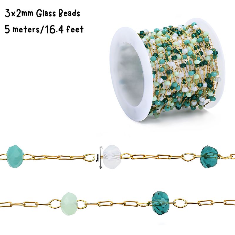 GP Stainless Steel Paperclip Chain, Glass Beads, Green Tones, 3x2mm, 5 Meters/16.4ft, 0.99oz
