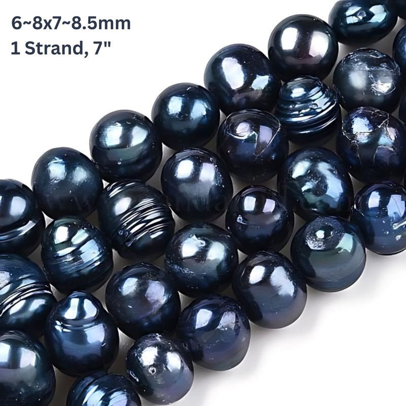 6~8x7~8.5mm, Cultured Freshwater Pearls, Grade B/C, Potato, Black Iris, Dyed, Approx 22pcs, 7'' Strand, Hole 0.5mm, 0.60oz