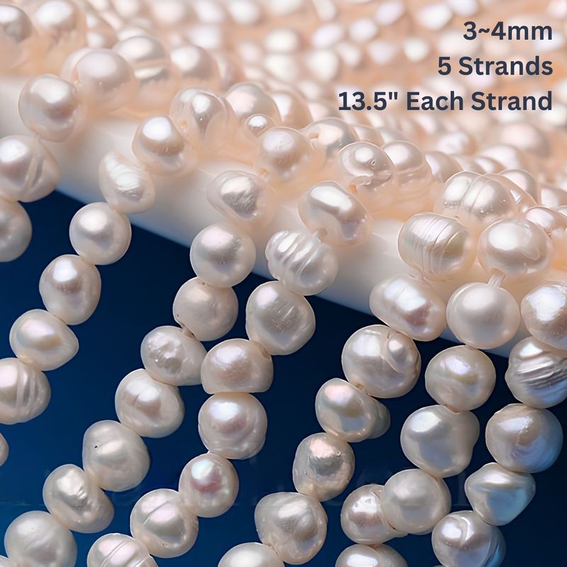 3~4mm, Cultured Freshwater Potato Pearls, Natural, 5 Strands, Approx 100pcs per 13.5 inch strand, Hole 0.8mm, 1.91oz