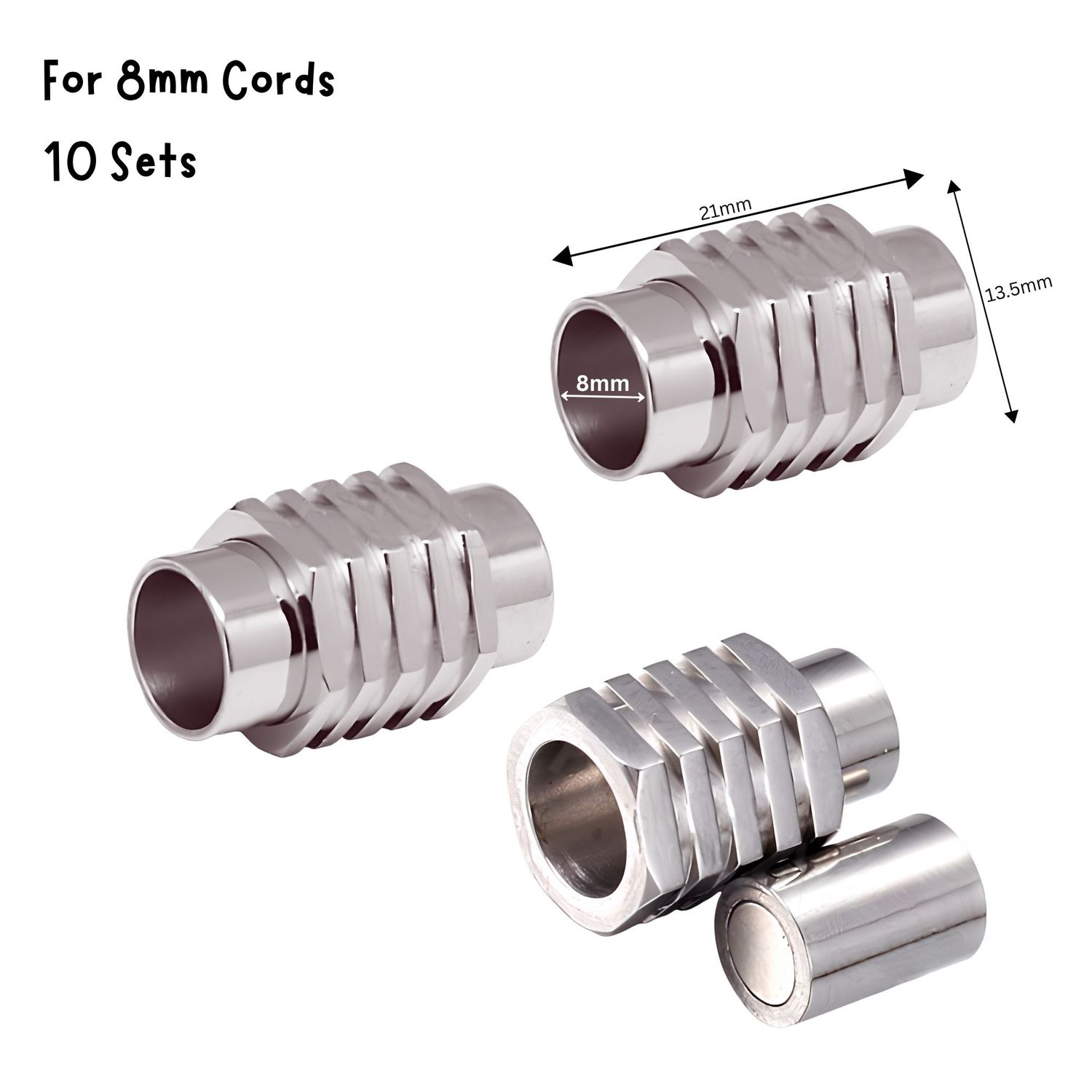 Stainless Steel Magnetic Rib Clasps, 10 Sets, 20x10x6.5mm, For 8mm Cords, 2.96oz