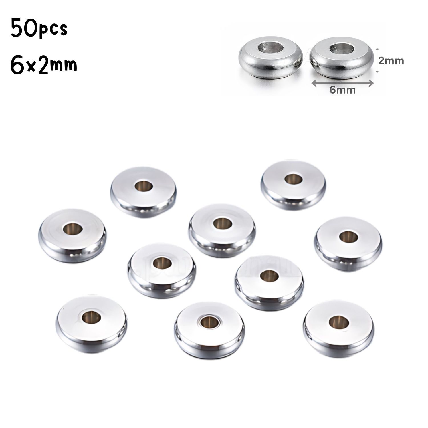 Stainless Steel Spacers Beads, 50pcs, 6x2mm Hole 2mm, Metal Beads, 0.60oz