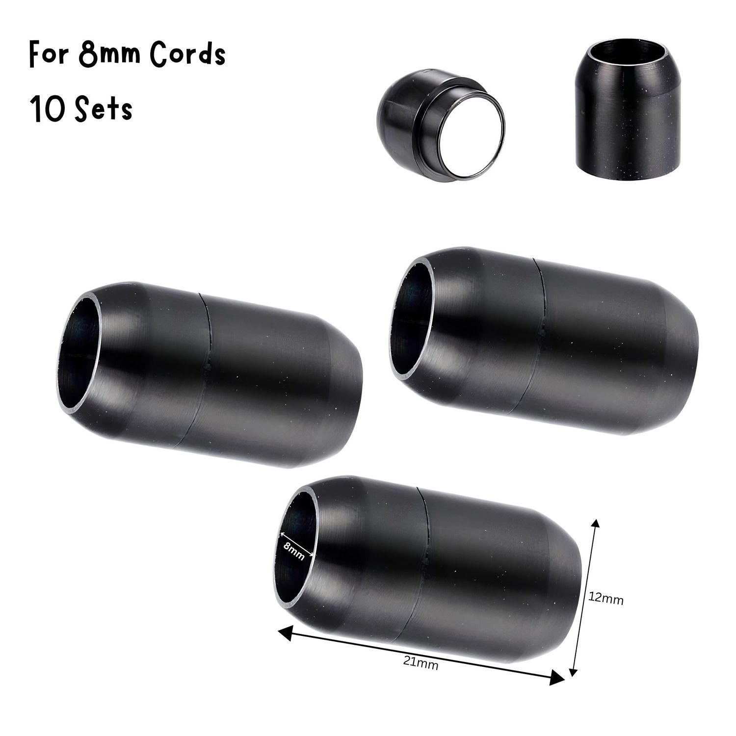 Black Stainless Steel Magnetic Bullet Clasp, 20 Sets, 8mm Hole, 21x12x8mm, For 8mm Cords, 6.95oz