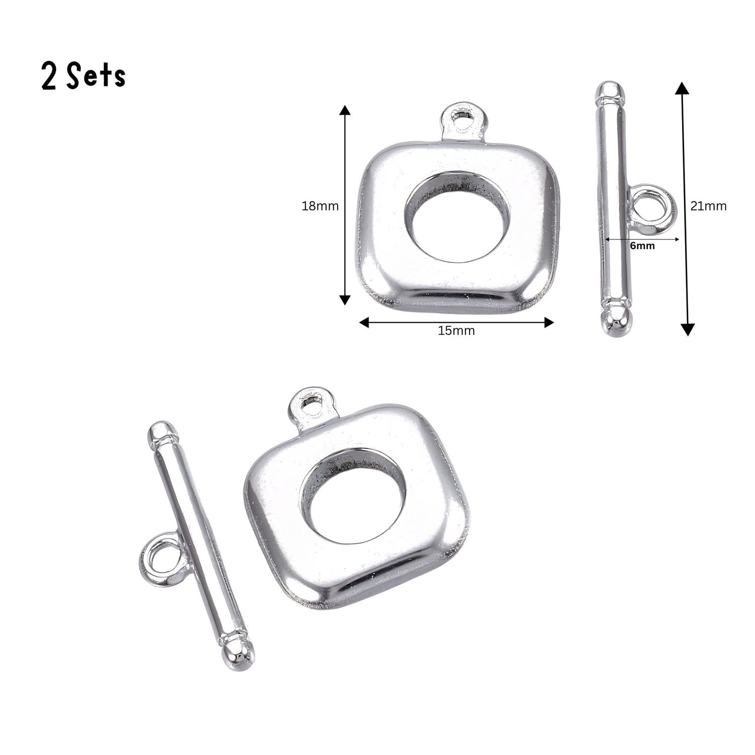 Stainless Steel Rectangle Toggles, Clasps, 2 Sets, Rings 18x15x3mm, ID 7mm, Bars 21x6x2.5mm, 0.32oz